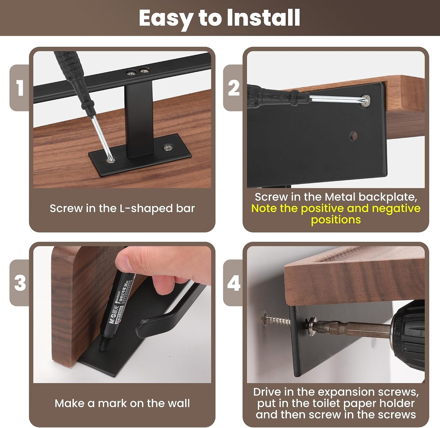 Toilet Paper Holder Walnut Wood Shelf - Wall Mount & Self-Adhesive | Bathroom Tissue Holder, Black Stainless Steel with Walnut Shelf for Phone - Home Apartment Restroom Decor Essentials
