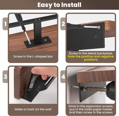 Toilet Paper Holder Walnut Wood Shelf - Wall Mount & Self-Adhesive | Bathroom Tissue Holder, Black Stainless Steel with Walnut Shelf for Phone - Home Apartment Restroom Decor Essentials