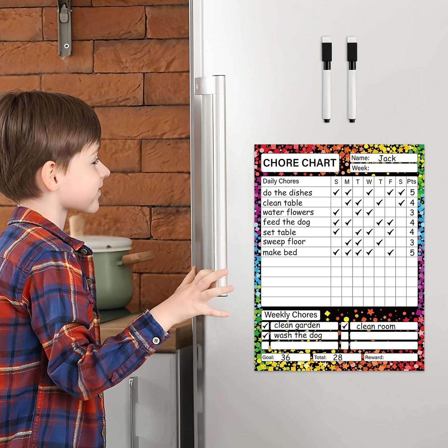 2 Pack Magnetic Chore Chart for Kids 12" x 9" Confetti Dry Erase Reward Chore Charts Weekly Behavior Responsibility Chores Board for Teens Adults Fridge Family Task Organization Home Rewards