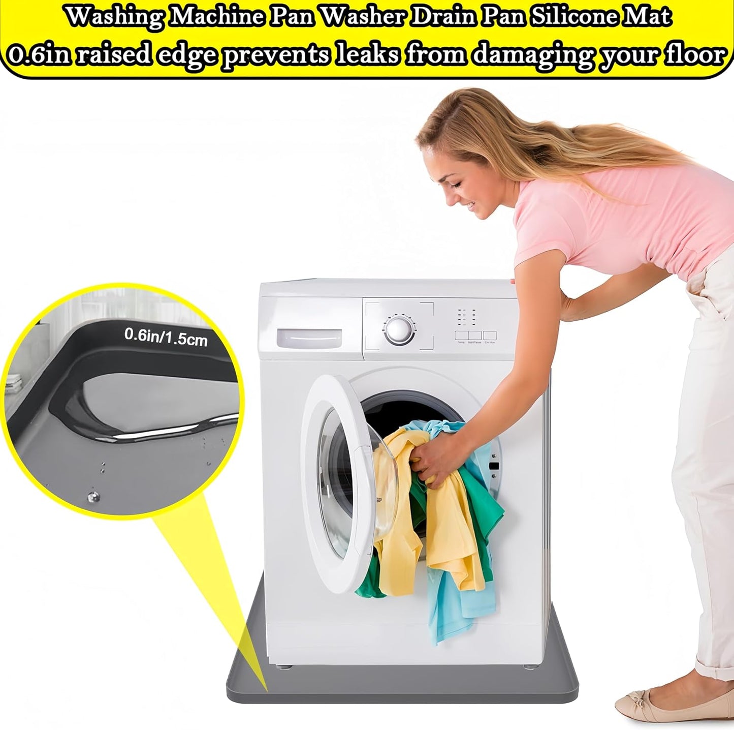 27×27inch Washer Drain Pan Silicone Mat, With Raised Edge Washing Machine Silicone Mat, Multi-function Non Slip, Soft Foldable Portable Waterproof Pad（black）