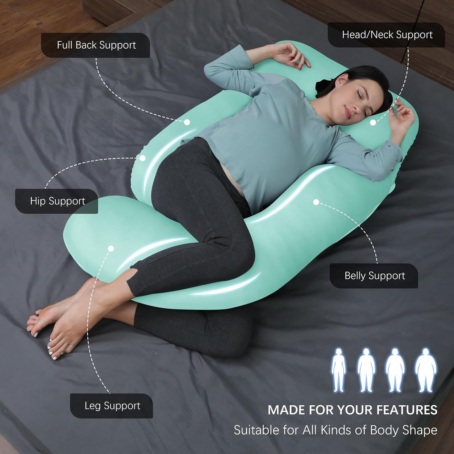 MOON PARK Pregnancy Pillows for Sleeping - 57 Inch U Shaped Full Body Maternity Pillow with Removable Cover - Support for Back, Legs, Belly, Hips - Pregnancy Pillow for Women - Grey