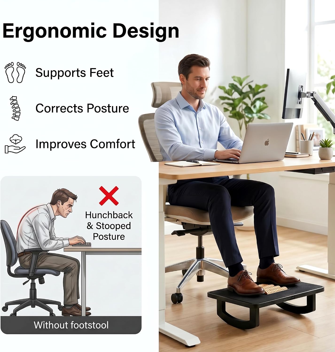 Bamboo Under Desk Foot Rest Foot Stool Rocking Footrest (Nature Semicircle) | Ergonomic Wooden Foot Stool with Non-Slip Surface
