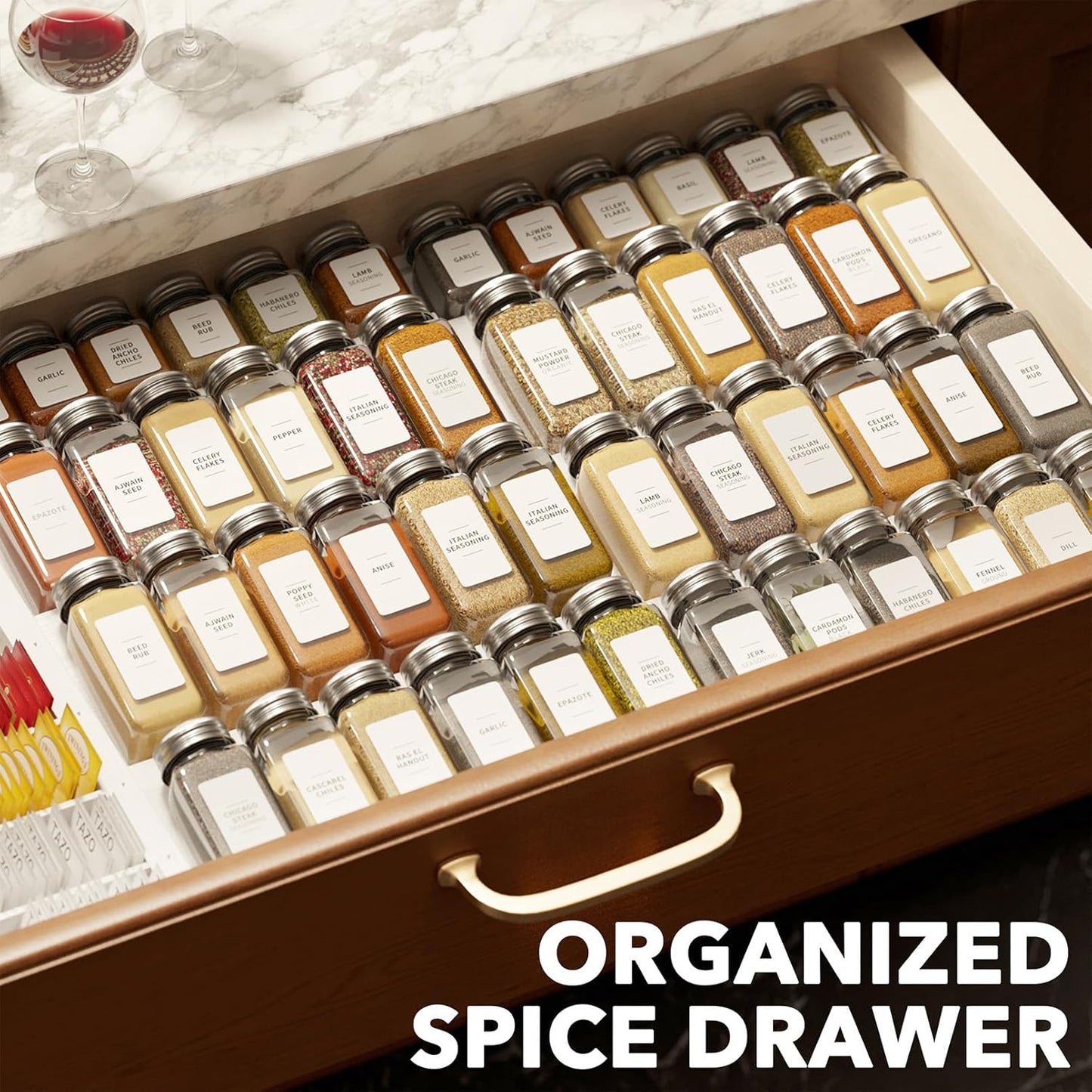 SpaceAid Bamboo Spice Drawer Organizer, (Need 3" Deep Drawer) Expandable 4 Tier Spices Rack for Cabinet, Kitchen Seasoning Storage Insert (Jars Not Included, From 12" to 23" Wide)
