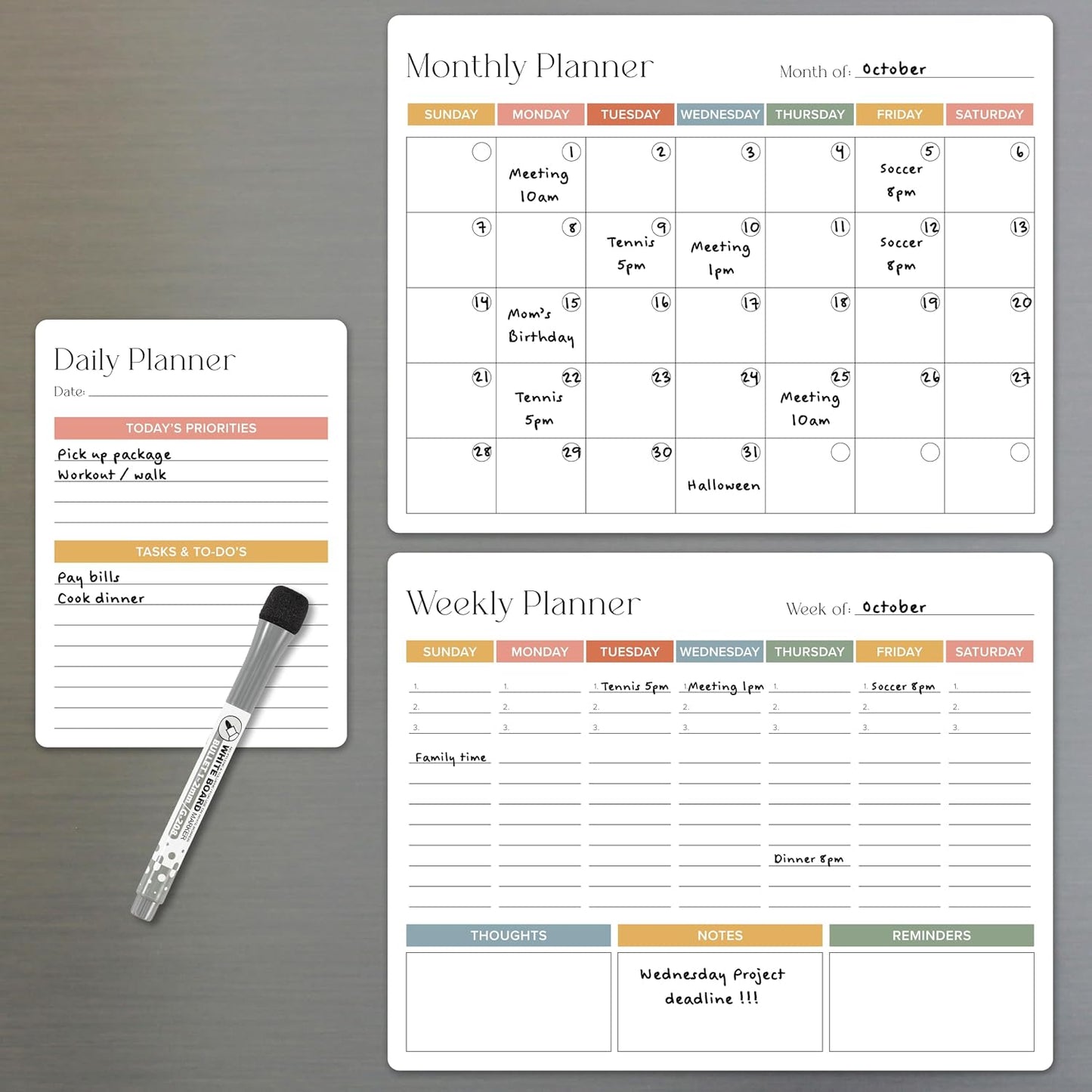 Beautiful Magnetic Dry Erase Calendar Set of 3 - Whiteboard with Marker | Easy to Erase Magnet Calendars for Your Fridge - The Perfect Weekly and Monthly White Board Organizer for Everyday Planning
