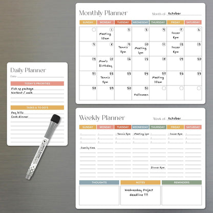 Beautiful Magnetic Dry Erase Calendar Set of 3 - Whiteboard with Marker | Easy to Erase Magnet Calendars for Your Fridge - The Perfect Weekly and Monthly White Board Organizer for Everyday Planning