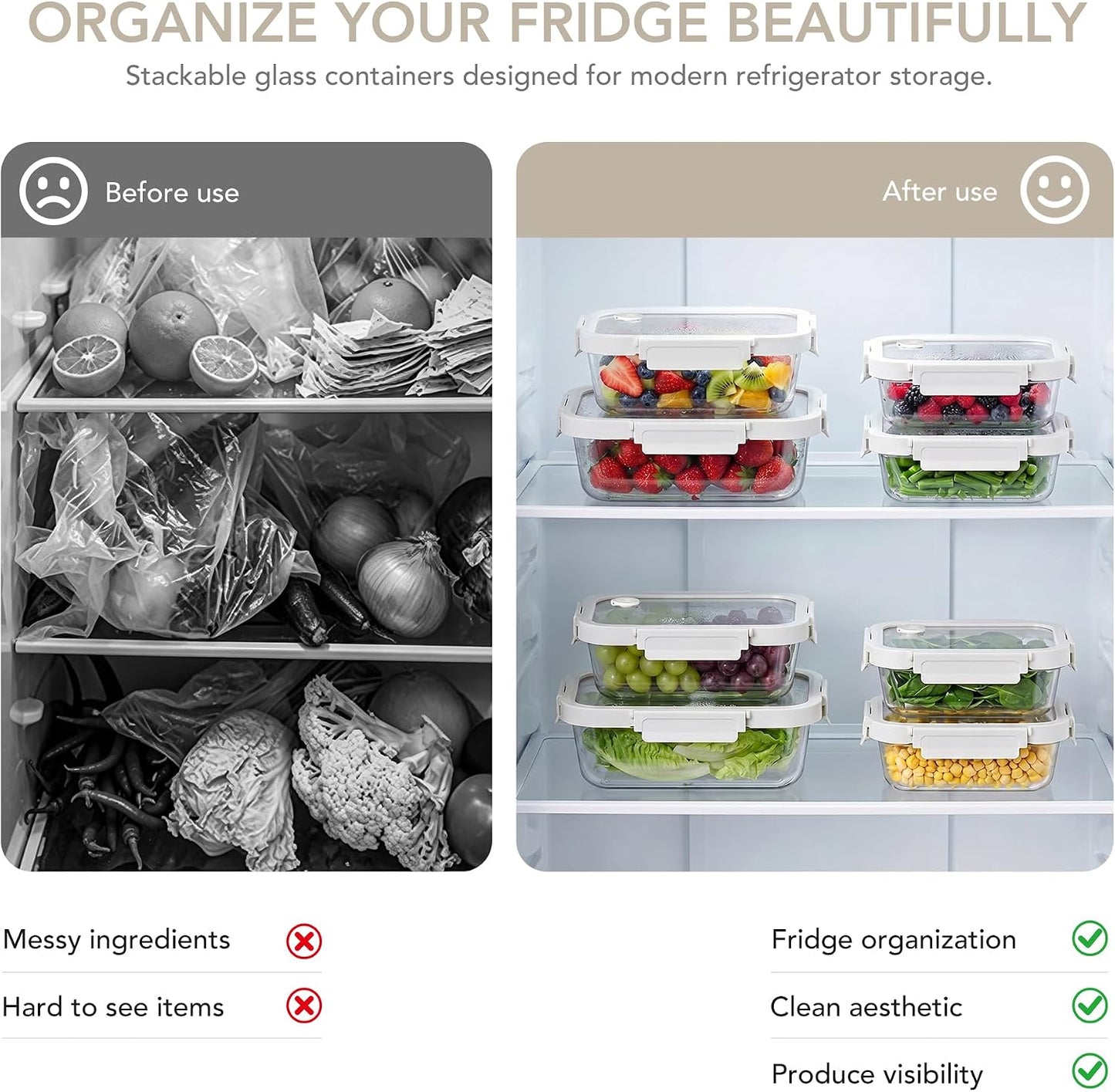Glass Produce Storage Containers for Fridge, 2-Pack – Airtight Fruit & Vegetable Containers with Removable Colanders, Flexible Silicone Lids,LeakProof, BPA-Free Borosilicate Glass
