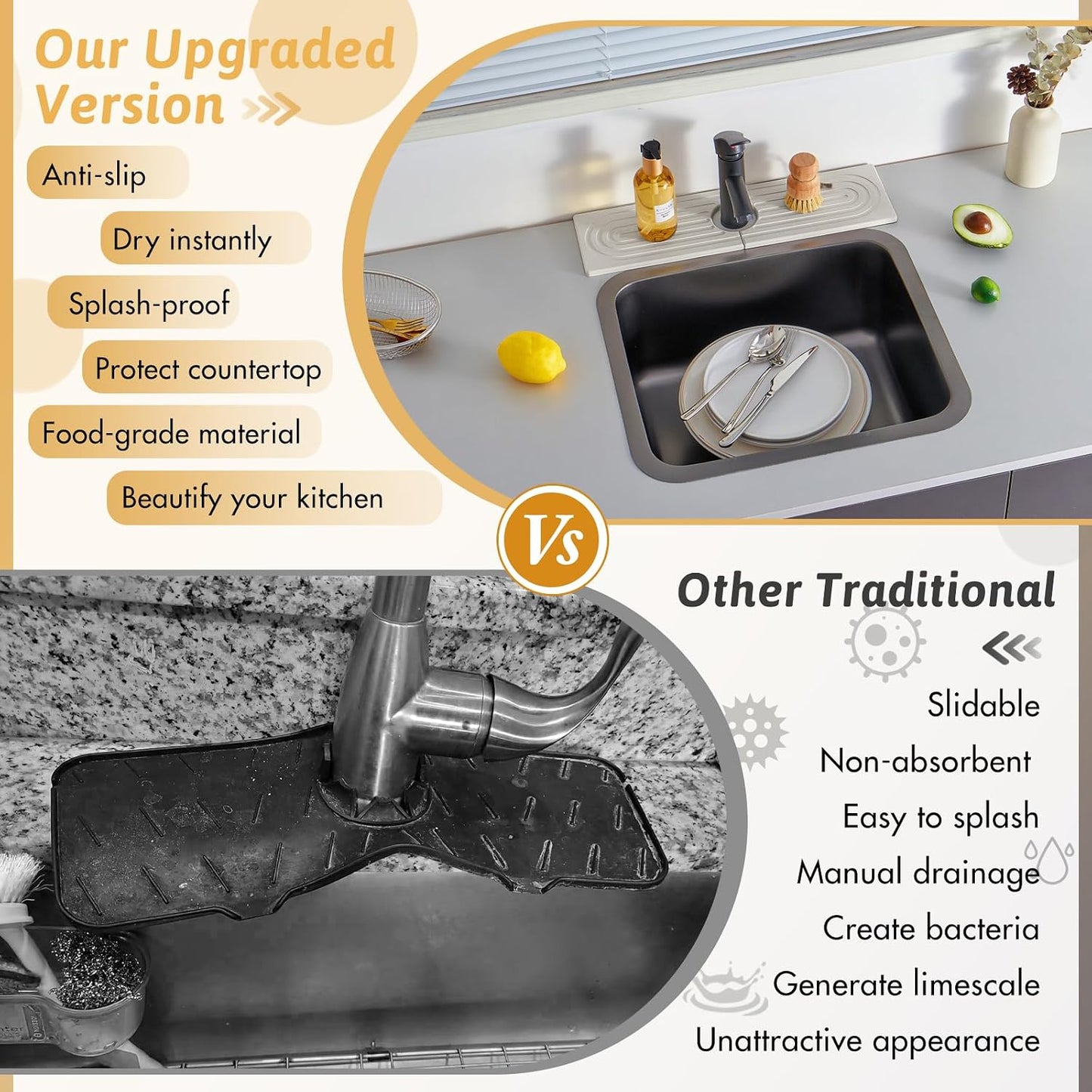 Faucet Mat for Kitchen Sink, 18" Wide Diatomite Fast Drying Stone Tray, Super Absorbent, Prevents Moisture Buildup, Faucet Water Splash Guard for Bathroom Counter, Sink Protector Gift for Mom, White