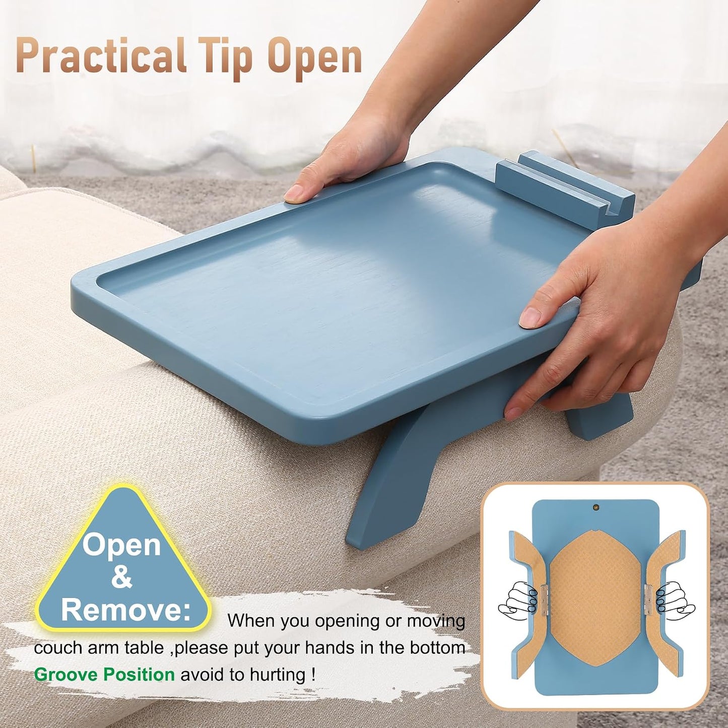 Couch Arm Tray,Bamboo Sofa Clip on Side Table,Foldable Couch Armrest Table with 360°Rotating Phone Holder,Anti Slip Food Trays for Eating/Drinks/Snacks/Remotes 15.35" x 9.85"