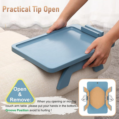 Couch Arm Tray,Bamboo Sofa Clip on Side Table,Foldable Couch Armrest Table with 360°Rotating Phone Holder,Anti Slip Food Trays for Eating/Drinks/Snacks/Remotes 15.35" x 9.85"