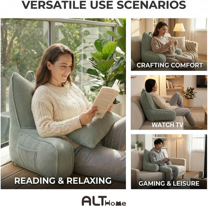 Patented Design Reading Pillow with Arms for Sitting Up, 2-in-1 Bed Rest Pillow with Detachable Lumbar Support, Backrest Support Cushion for Couch with Side Pockets & Handle, Beige Gray