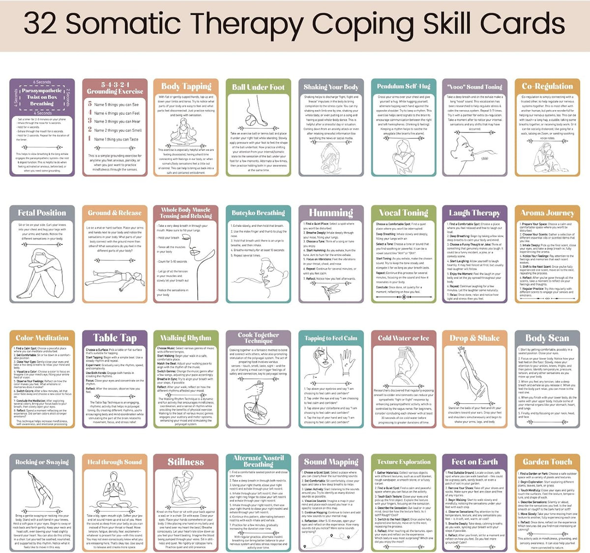 32 Pcs Somatic Therapy Exercise Cards 5.9 x 4 Inches Mindfulness Cards Coping Skills for Nervous System Regulation, Relieve Anxiety, Reconnect with Your Body, and Find Comfort