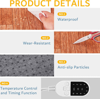 QOUBAI PVC 110V Heated Floor Mat Heater for Foot Warmer Under Desk 22 x 20 Inch Electric Heating Pad Energy Saving Carpet Pad Indoor Floor Heated Rug for Home Office Bathroom House Gray