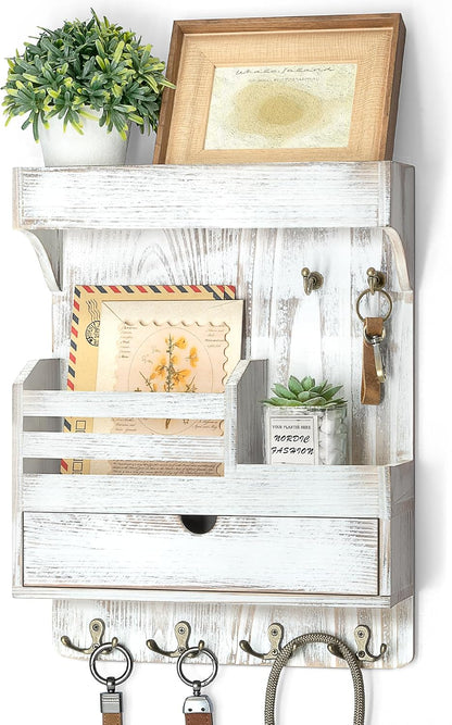 Rebee Vision Key Holder Wall Mount with Drawer Organizer for Entryway,Brown | Pine Wood, 6 Key Hooks, Display Shelf for Plants, Mail Slot for Storage Letter, Multi-Funtional Design, Home Storage