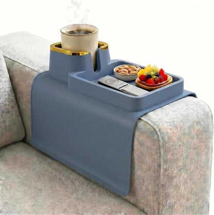 Luxury Gold Trim Couch Cup Holder Tray - Weighted Anti-Spill Navy Blue Silicone Sofa Armrest Organizer, Non-Slip Recliner Tray Table for Drinks, Remote, Phone - Fits Most Couch Arms