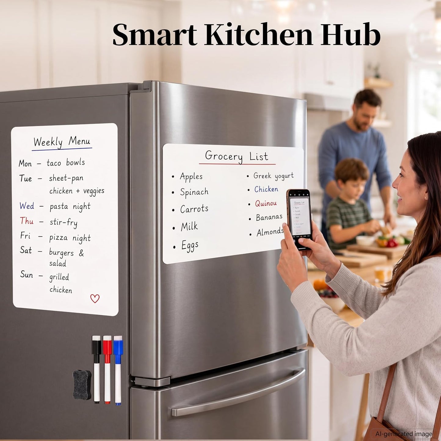 Magnetic White Board for Refrigerator Plan Weekly Menus at a Glance | Dry Erase Sheet for Meal Schedules - 12" x 8" Kitchen Command Center for Busy Moms with Magnet Backing Packed Flat