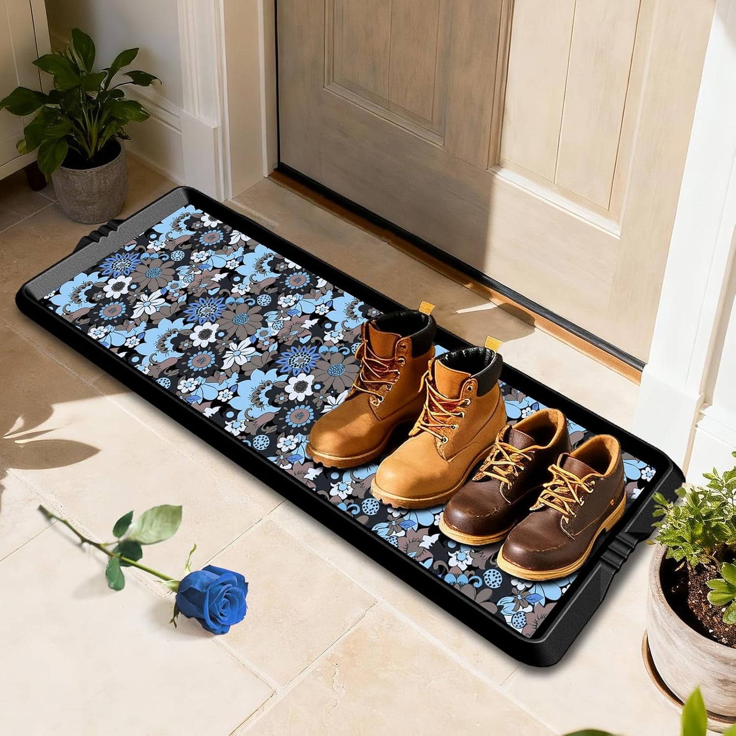 BEHERO Boot Tray Shoe Mat Decorative Patterned, Rubber Shoe Matt Tray Indoor/Outdoor Use, 16" x27.5" Shoe Cleaning Mat Non-Slip, Shoe Storage Waterproof Flower Prints for Entryway, Velvet Bloom