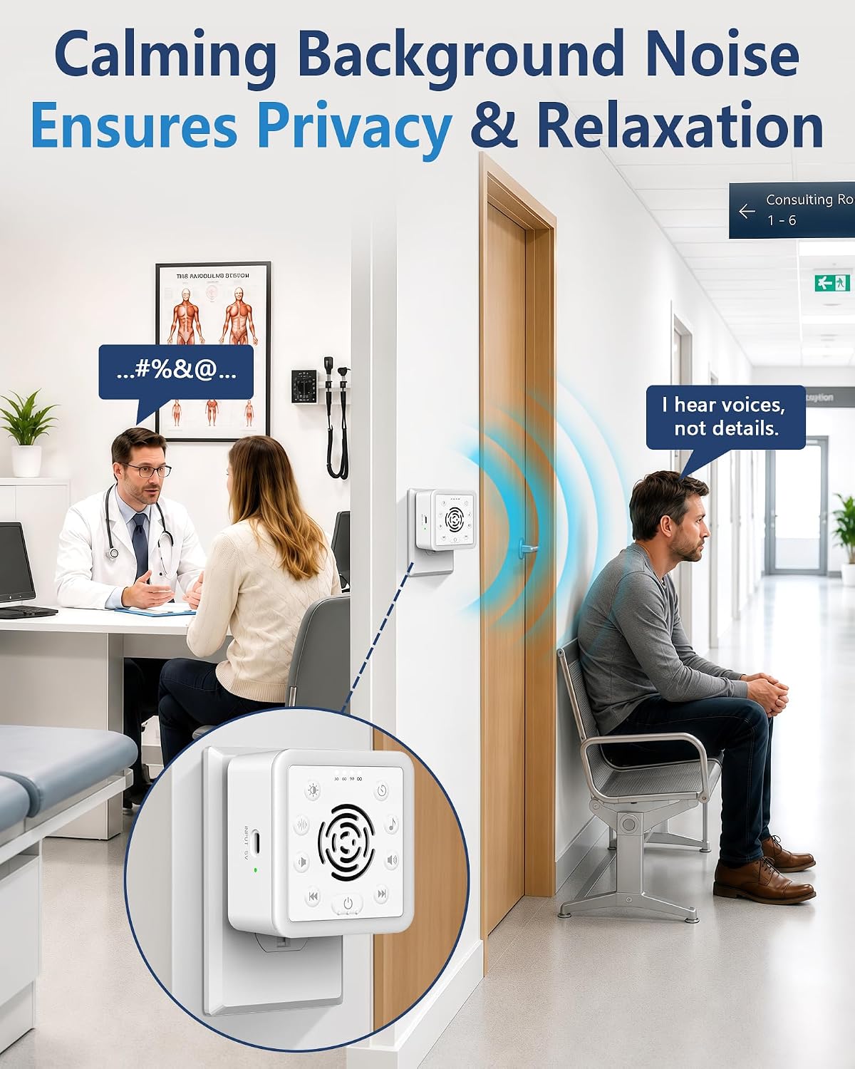 Office Privacy White Noise Machine: 90dB 30 Adjustable Volume Wall Plug-in | Sound Machine with 30 Non Looping Sounds, Reduces 95% Speech Clarity Outside Door for Private Office