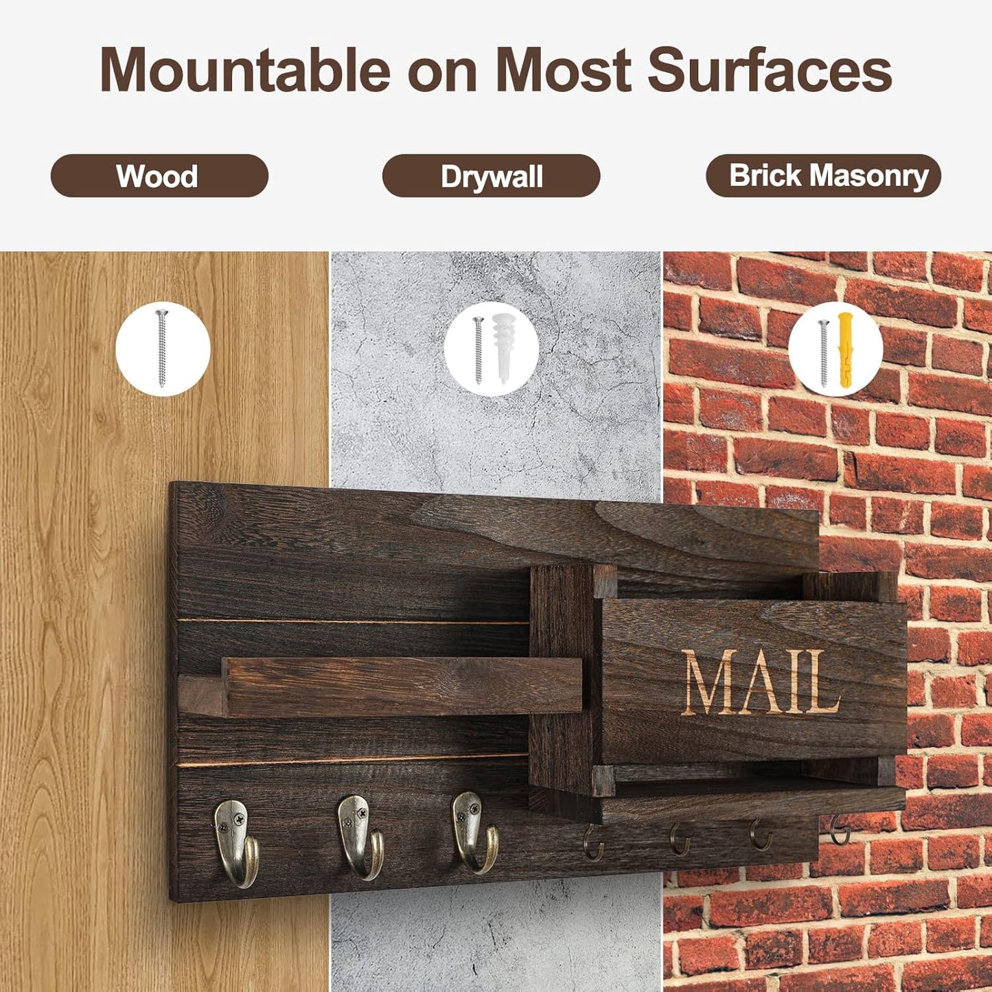 Lwenki Mail Organizer for Wall Mount – Key Holder with Shelf Includes Letter Holder and Hooks for Hallway Farmhouse Decor – Rustic Wood with Flush Mounting Hardware (16.5” x 9.1” x 3.4”) (White)