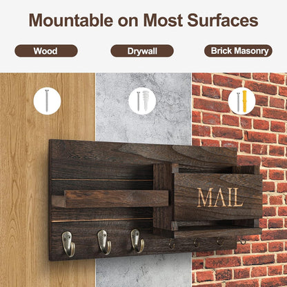 Lwenki Mail Organizer for Wall Mount – Key Holder with Shelf Includes Letter Holder and Hooks for Hallway Farmhouse Decor – Rustic Wood with Flush Mounting Hardware (16.5” x 9.1” x 3.4”) (White)