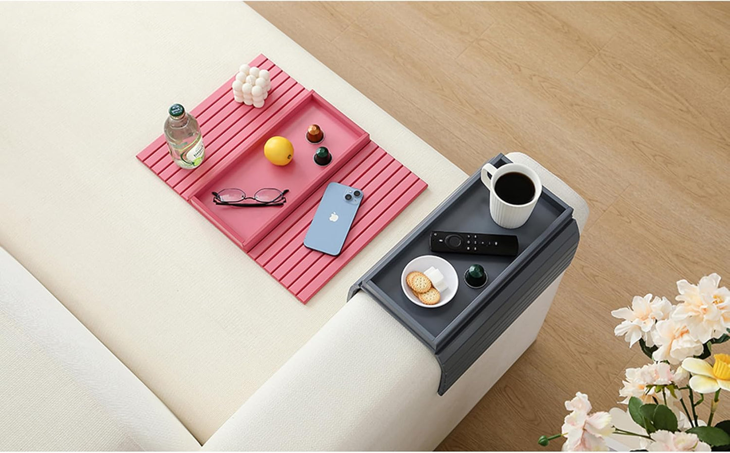 Bamboo Couch Arm Tray Table，Foldable Sofa Armrest Tray Table for Couch，Flexible and Anti-Slip Couch Arm Cup Holder，Portable Sofa Arm Chair Table for Drink,Cups, Eats，Snacks, Phone, Remote