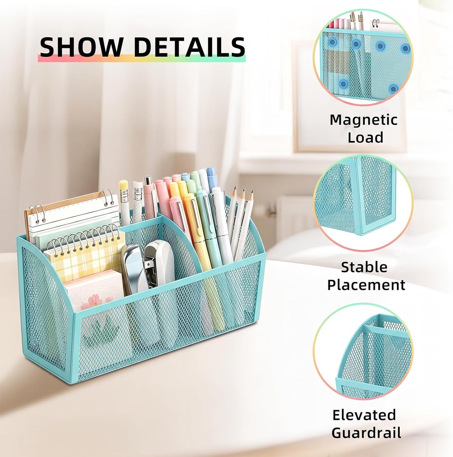 Magnetic Pencil Holder, Magnetic Organizer for Locker Accessories, Black | Mesh Marker Holder with Strong Magnets and 3 Compartments for Whiteboards Refrigerators and Magnetic Lockers