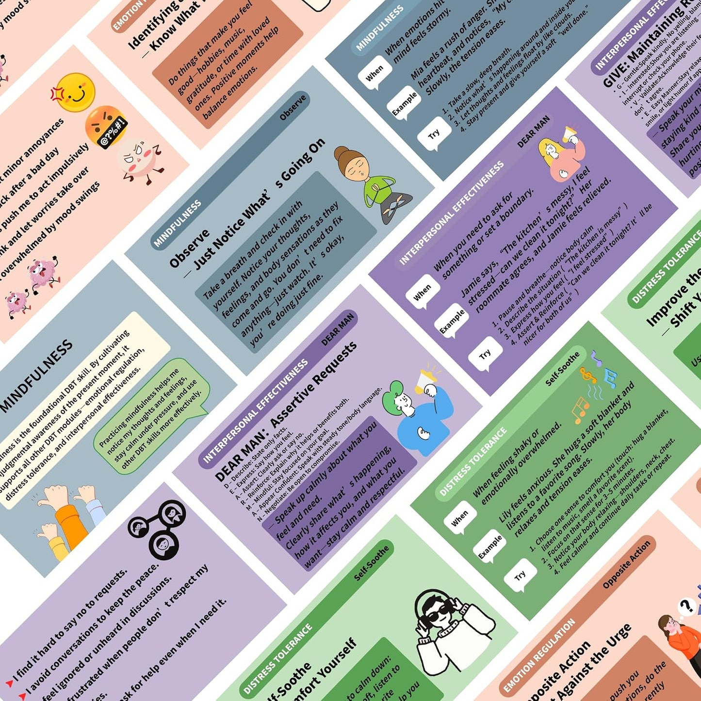 DBT Skills Coaching Cards with Guided Examples & Training Steps-28PCS Flashcards for Emotional Regulation|Stress Relief & Coping Tools for Office Worker & Adults