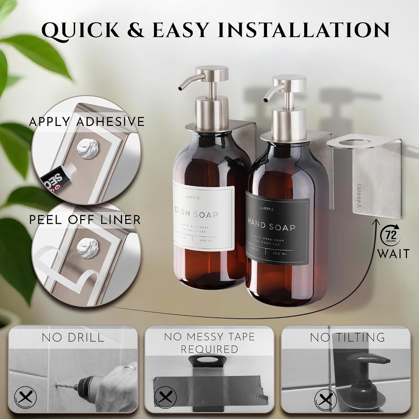 Shower Shampoo Dispenser Wall Mounted – 3 Refillable 16.9 oz Clear Bottles with Stainless Steel Pumps & No-Drill Adhesive Holders – Soap Dispenser Set for Bathroom (3 X Clear/Silver)