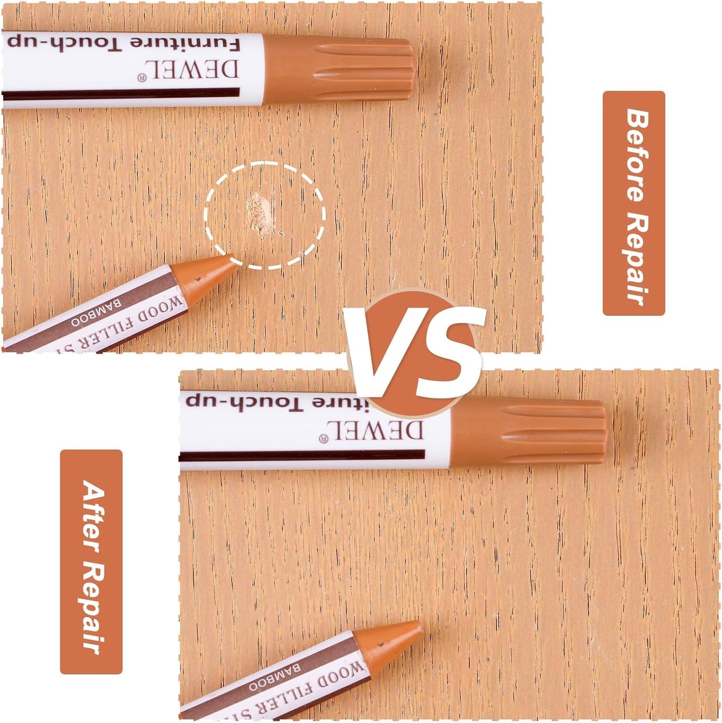 DEWEL Wood Furniture Repair Kit, New Upgrade Wood Fillers, Furniture Touch Up Markers, Wax Sticks, Wood Putty with Beeswax for Cracks, Wood Hole, Scratches, Floor, Table, Door