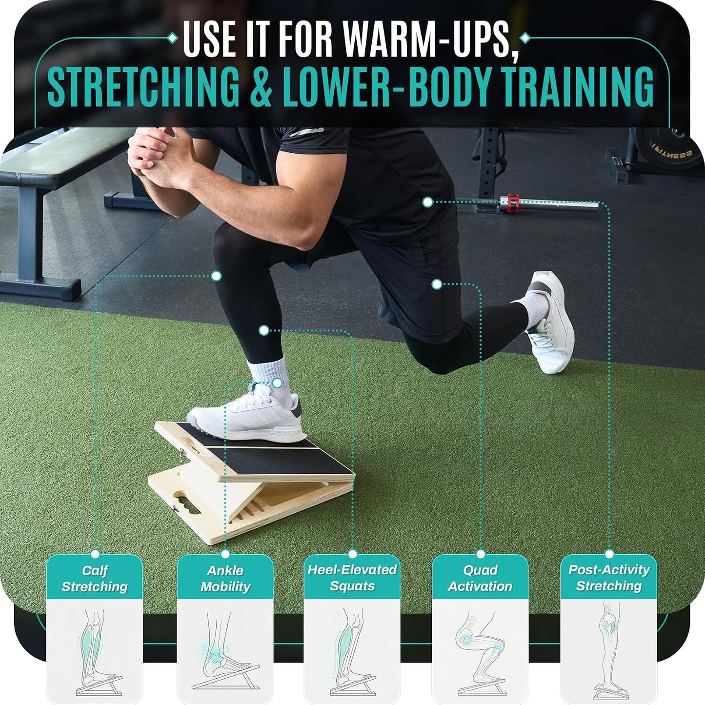 Portable Wood Slant Board, Adjustable Squat Wedge, Calf Stretch | Foldable wood slant board, 5 adjustable angles (20-40°); calf stretch, squat wedge, heel-elevated squats, ankle mobility