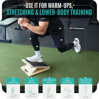 Portable Wood Slant Board, Adjustable Squat Wedge, Calf Stretch | Foldable wood slant board, 5 adjustable angles (20-40°); calf stretch, squat wedge, heel-elevated squats, ankle mobility