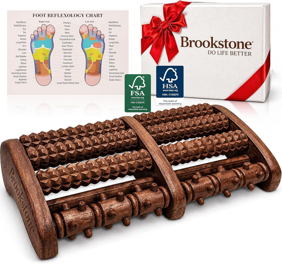 Brookstone Foot Massager Roller Plantar Fasciitis Pain Relief - Wooden Under Desk Feet Massage - Dual Manual Heel Massagers - Wood Rolling Acupressure Tool with Reflexology Guide - Gift for Men, Women