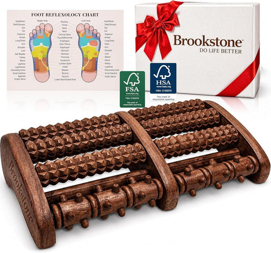 Brookstone Foot Massager Roller Plantar Fasciitis Pain Relief - Wooden Under Desk Feet Massage - Dual Manual Heel Massagers - Wood Rolling Acupressure Tool with Reflexology Guide - Gift for Men, Women