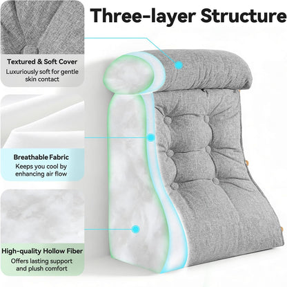 23" H Bed Wedge Reading Pillow with Adjustable Headrest, Reading Pillow for Sitting in Bed Couch Adult Backrest Pillow for Neck Back Lumbar Support with Removable Washable Cover Light Gray