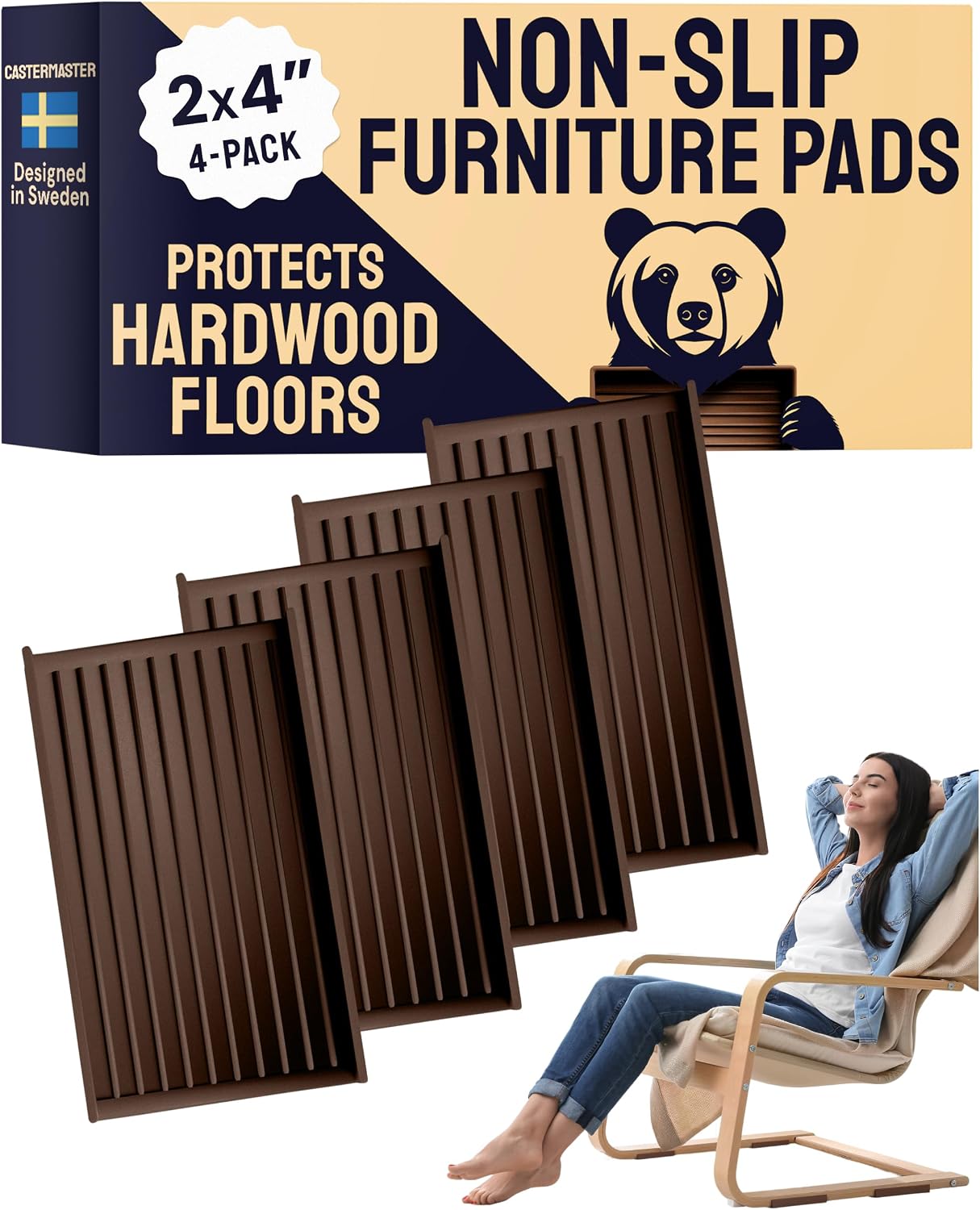 Non-Slip Furniture Pads - 4x4 in Brown, 4 Pack | Square rubber caster cups - anti-skid - Use for heavy sofas, beds & chairs on hardwood floors