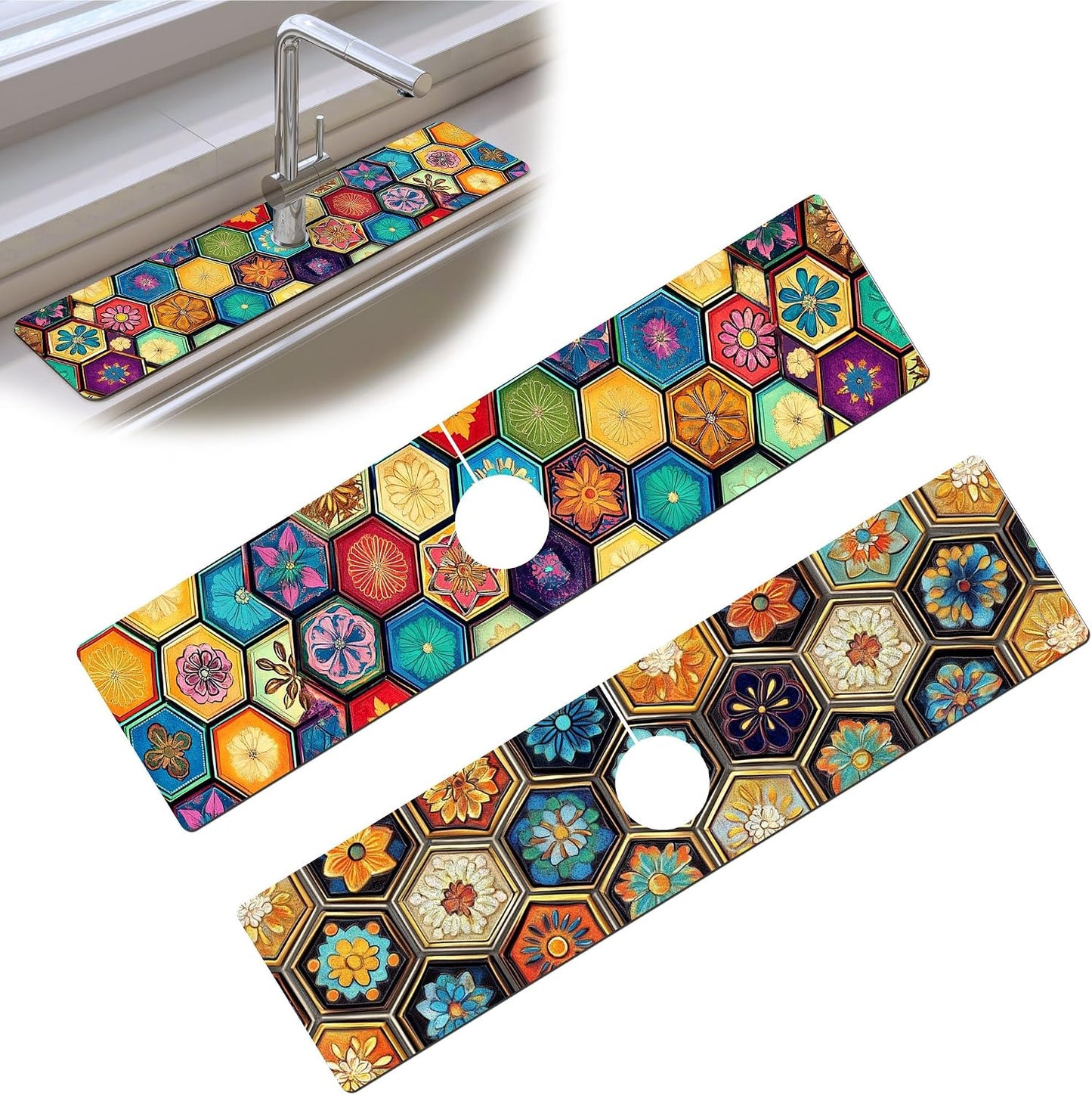 Bimkole 2 PCS Faucet Absorbent Mat, Kitchen Faucet Sink Splash Guard Wraparound Cloth Pads Drip Catcher for Sink Faucet for Kitchen Bathroom Faucet, Colorful Faucet Mat, 15 x 4 Inch Flower A6