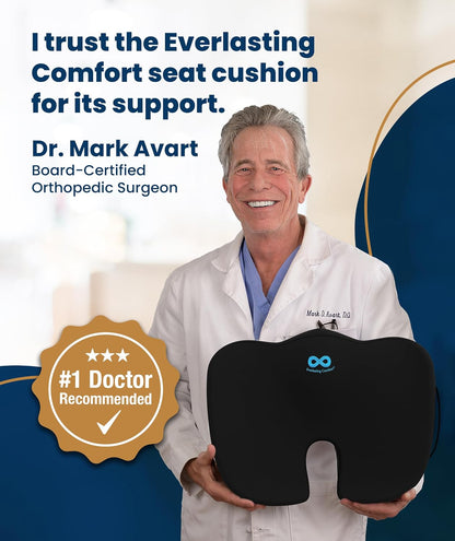 Everlasting Comfort Doctor Recommended Memory Foam Seat Cushion for Office Chairs & Car - Ergonomic Office Desk Accessories - Cushions for Tailbone Pain Relief, Sciatica (Black, Large)