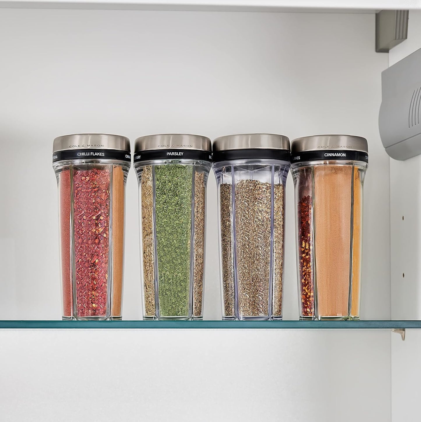 Cole & Mason Saunderton Spice Storage & Shaker - Herb Keeper for Refrigerator, Countertop or Cabinet - Divided Food Storage Container - Spice Shaker with Lid - Clear/Silver
