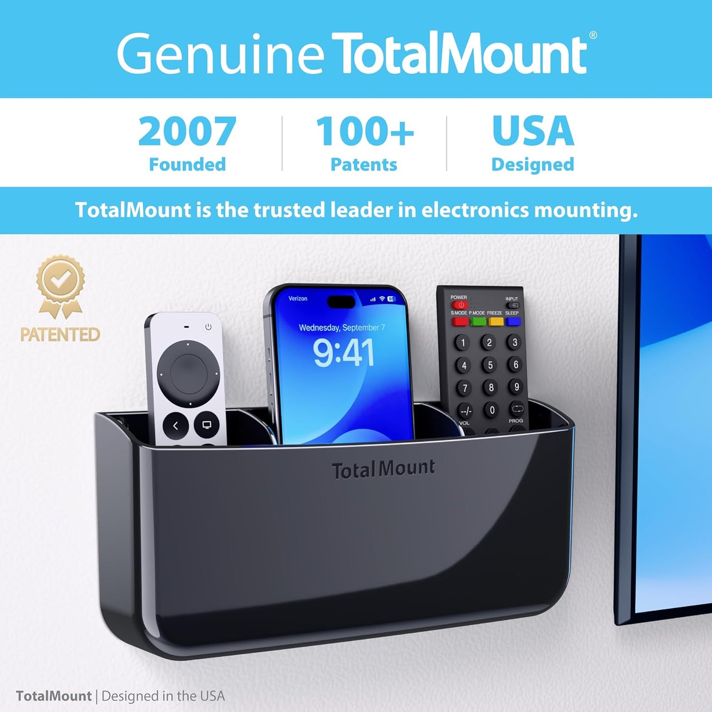 TotalMount Drop-Free Remote Holder – Removable Adhesive Strips – XL Black | Designed in the USA – Simply Put the Remotes In – No Tricky Magnet Alignment Needed (Holds 3 or 4 Remote Controls)