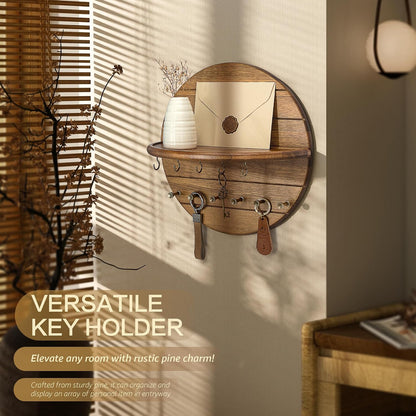 Rebee Vision Pine Wood Round Key Holder Wall Mount for Home Decor, Brown | Round Corner, Key Hooks for Dog leashes & Sunglasses, Display Shelf for Plant & Letters, Mail Organizer, Home Essentials