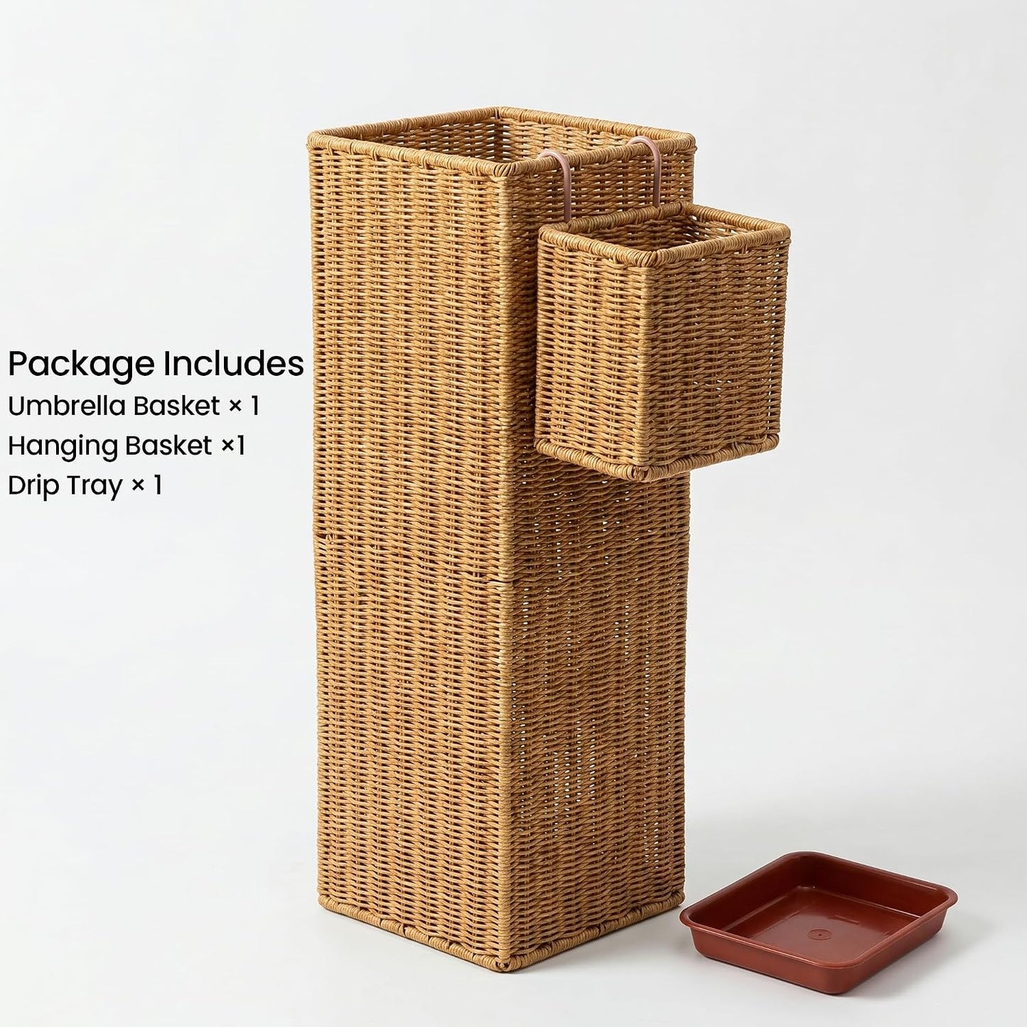 Rattan Umbrella Stand with Small Basket & Drip Tray, Umbrella Holder for Entryway, Tall Wicker Basket for Storage, Woven Organizer for Inoor, Outdoor, Home, Office, Hotel