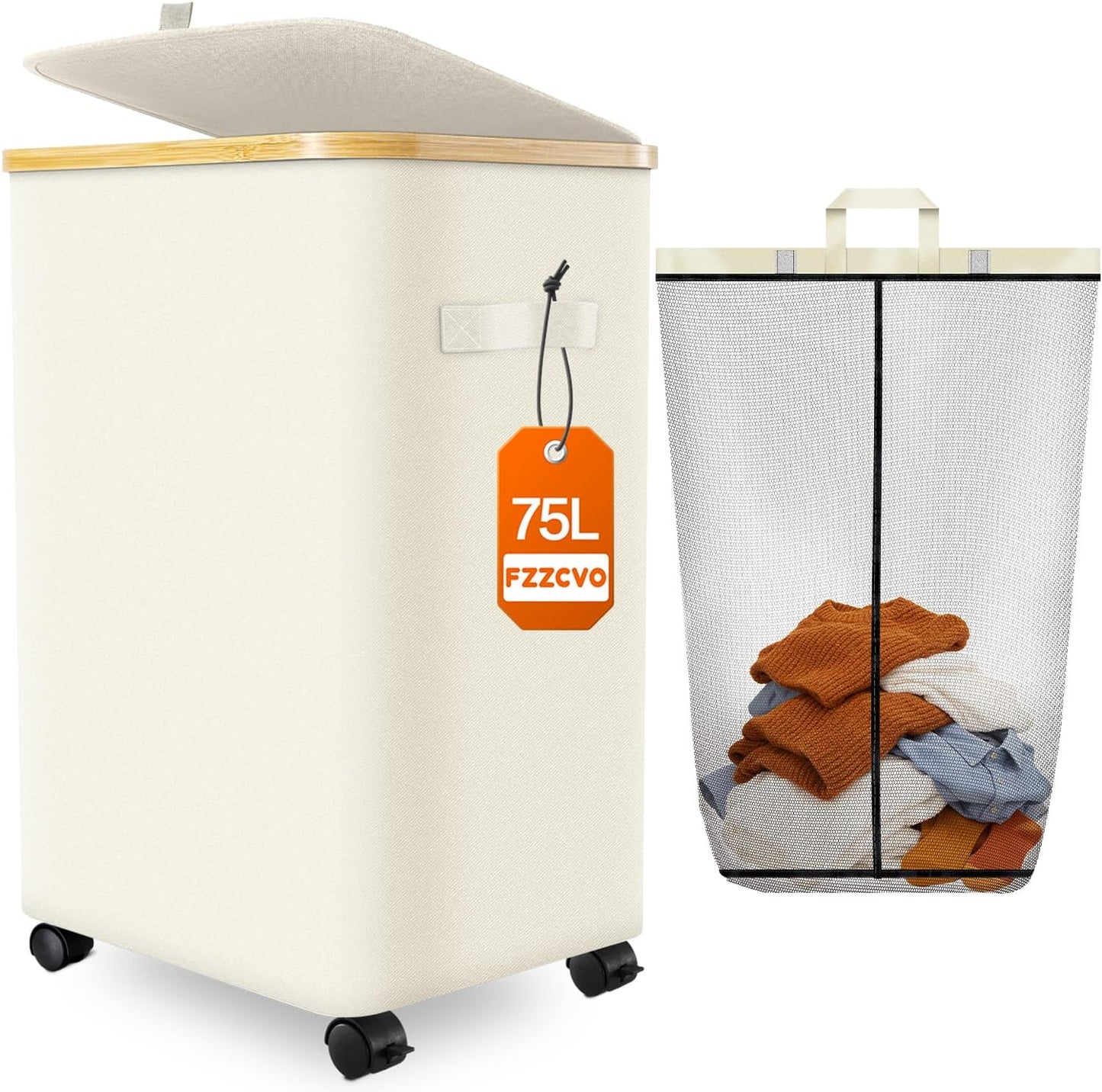 Double Laundry Basket with Wheels and Lid, 150L Clothes Hampers for Laundry | Large Laundry Hamper with 2 Sections & Removable Liner Bags, Rolling Dirty Clothes Basket for Bedroom Bathroom Dorm College