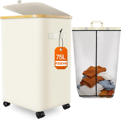 Double Laundry Basket with Wheels and Lid, 150L Clothes Hampers for Laundry | Large Laundry Hamper with 2 Sections & Removable Liner Bags, Rolling Dirty Clothes Basket for Bedroom Bathroom Dorm College