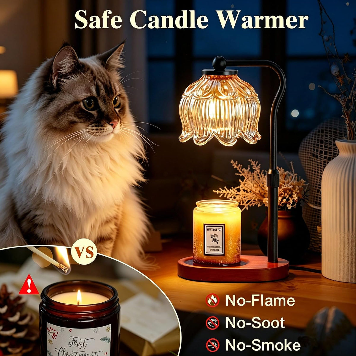 CASTLELIFE Electric Candle Warmer Lamp with Timer & Dimmer, Height Adjustable Wax Warmer for Jar Candles, Flower Wax Melter with Wood Base, Home Decor House Warming Gifts for Women Mom, Natural Wood