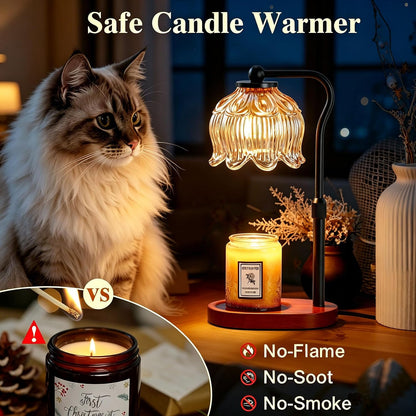 CASTLELIFE Electric Candle Warmer Lamp with Timer & Dimmer, Height Adjustable Wax Warmer for Jar Candles, Flower Wax Melter with Wood Base, Home Decor House Warming Gifts for Women Mom, Natural Wood