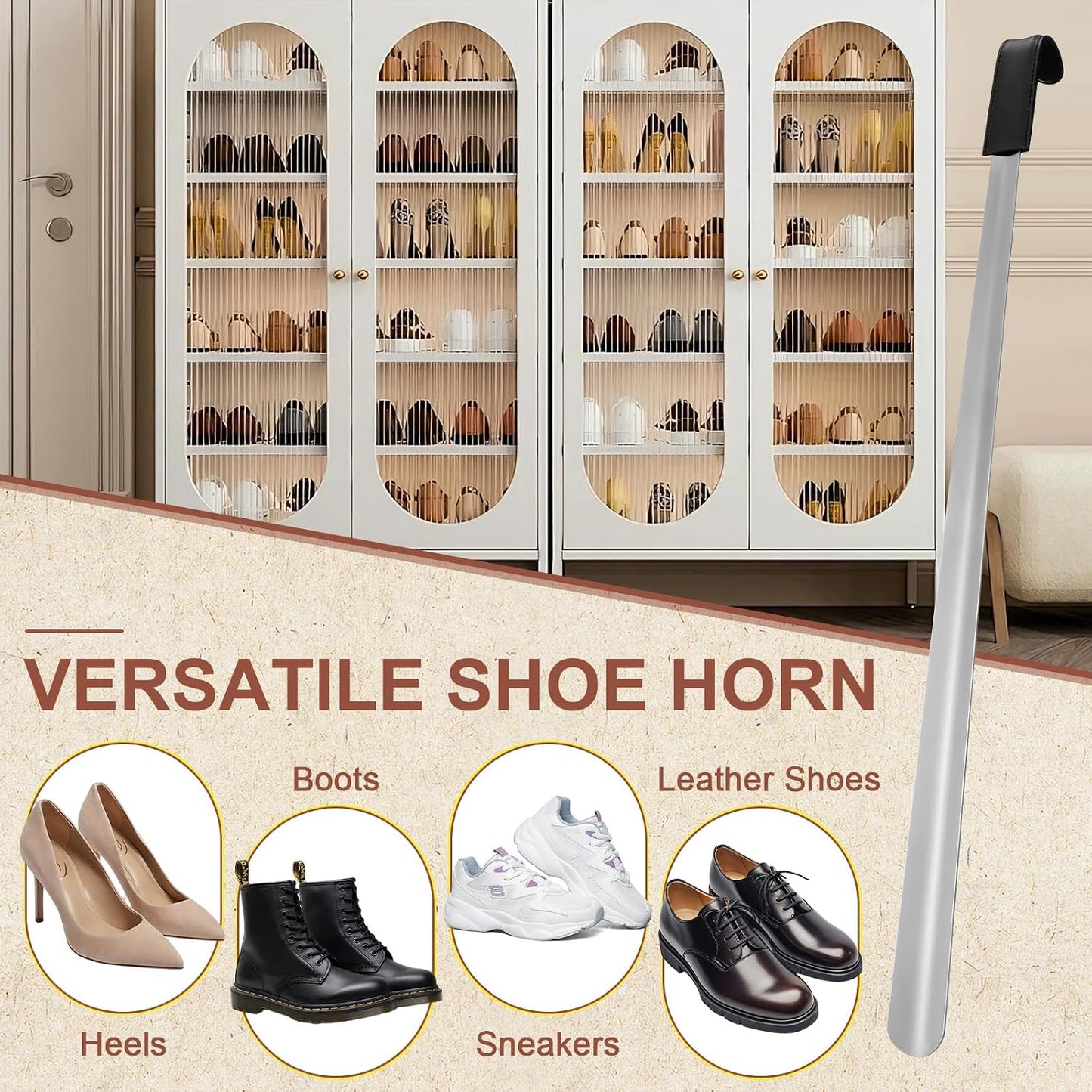 Redriver Extra Long Shoe Horn for Seniors, Metal Shoehorn Long-handle Shoe Spoon Stick Helpers Boot Horn for Men Women