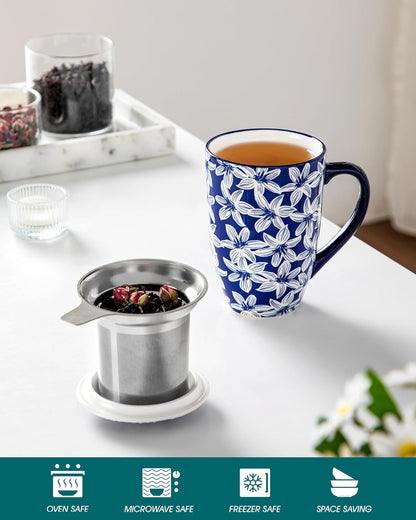 vancasso SELENE Porcelain Tea Mug, 18 oz Porcelain Tea Cup with Infuser and Lid Steeps Loose Leaf Tea, Microwave & Dishwasher Safe, Five-Leaf Clover