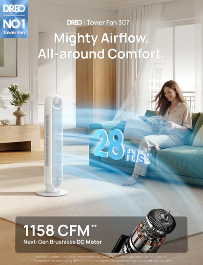 DREO Tower Fan for Bedroom, 28ft/s High Velocity, 9 Speeds, DC Motor