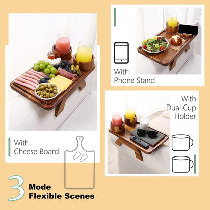 Nnewvante Couch Cup Holder Tray, 3 in 1 Large 15.36"x9.85" Acacia Wood Sofa Arm Clip on Tray Table with 360°Rotated Phone Holder on Armrest