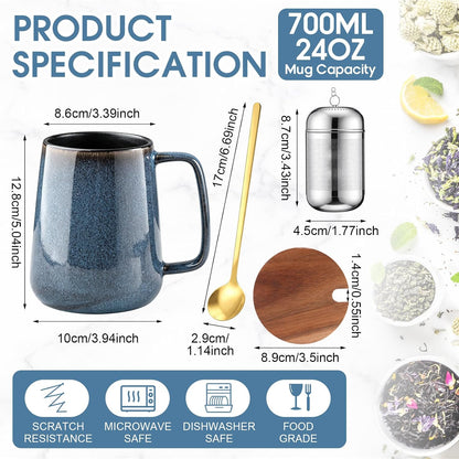 Zhehao 24oz Large Ceramic Tea Mug with Loose Leaf Infuser, Gift for Men Women, Coffee Cup with Lid & Spoon for Tea Lovers, Microwave & Dishwasher Safe, Present for Thanksgiving Christmas(Green)