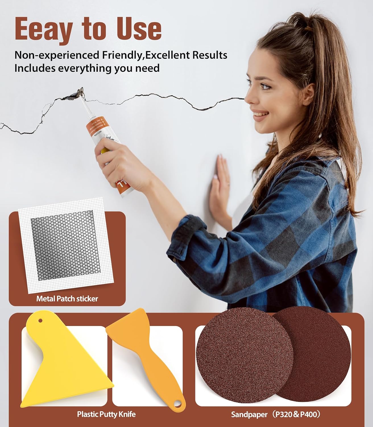 NINGOO Drywall Repair Kit,2 Pack Wall Repair Paste for Wall Holes & Cracks | 4 Wall Patches,2 Scraper,4 Sandpapers,Quick Drying,Apartment Friendly